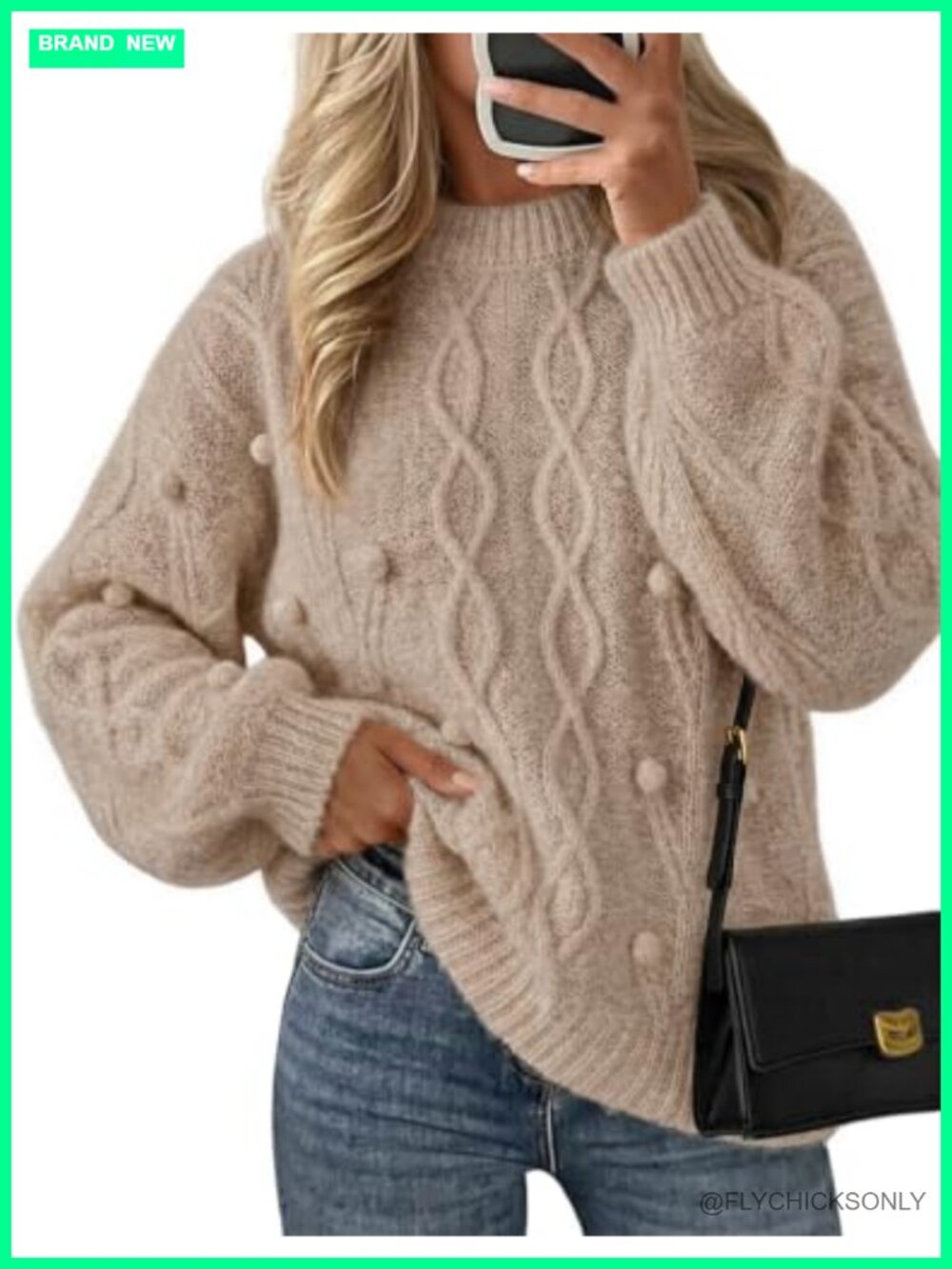 Cable Knit Oversized Pullover Sweater Loose Fit Drop Shoulder Crew Neck
